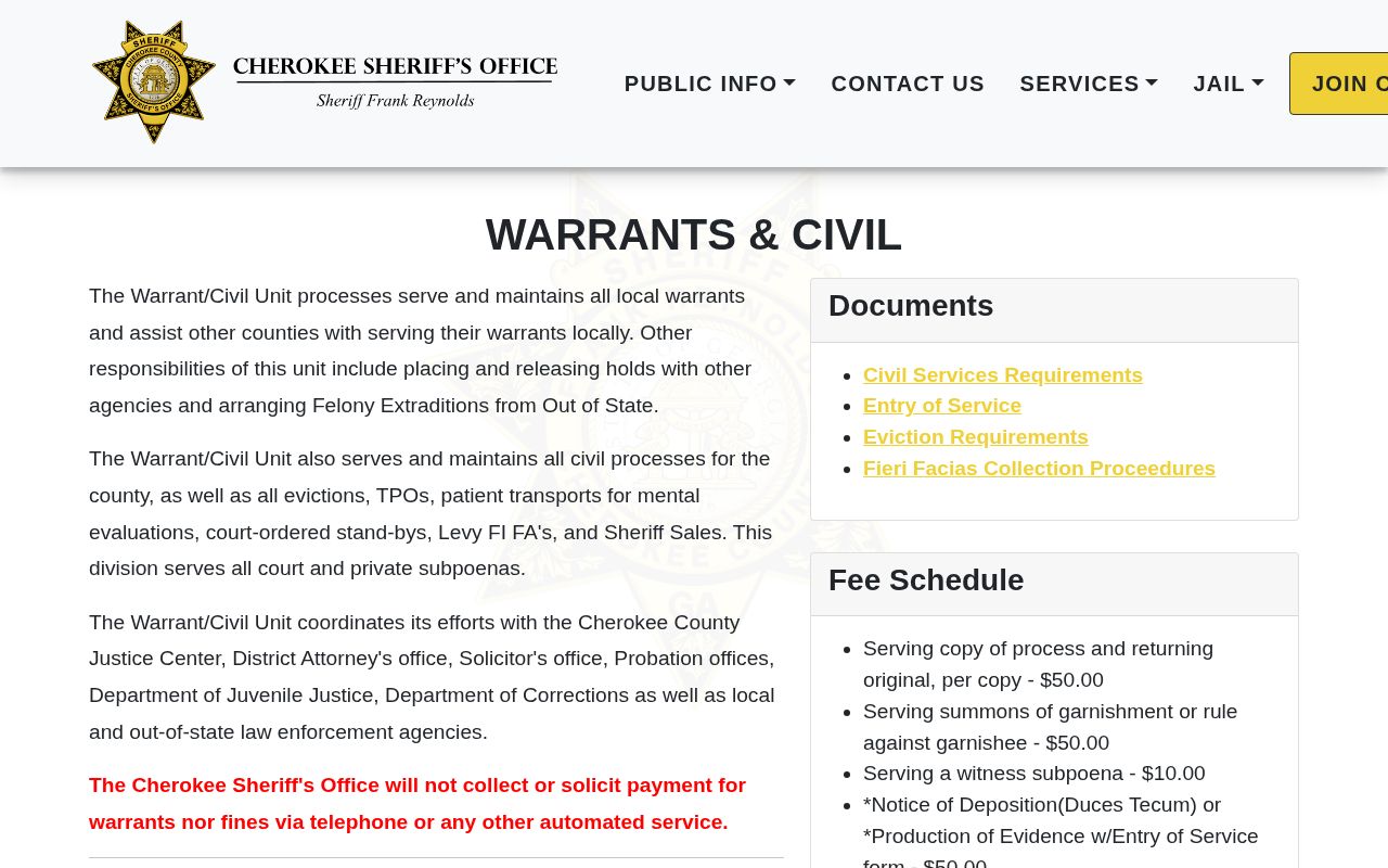 Cherokee County sheriff warrant and civil unit information